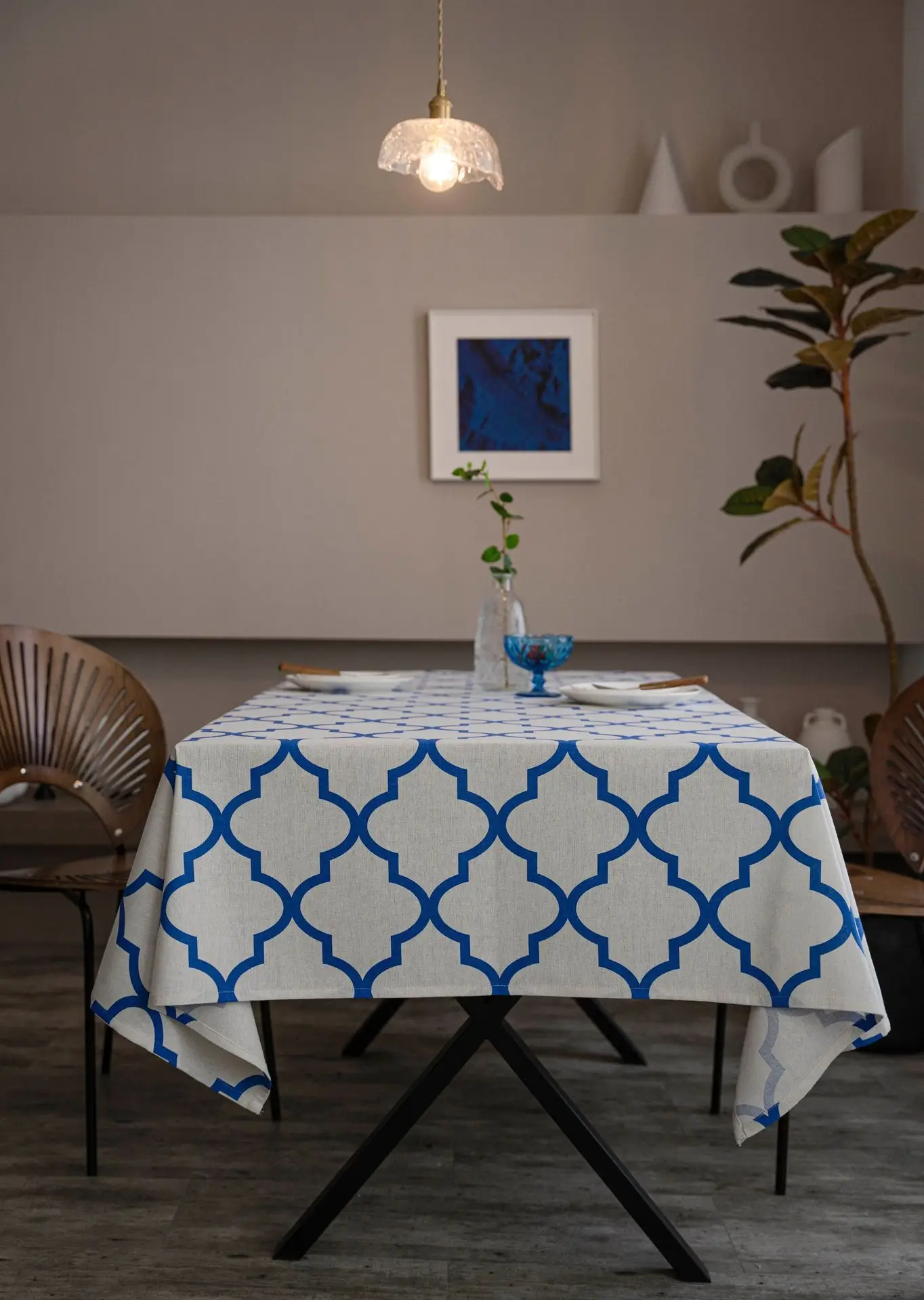 Imaki Blue Geometric Diamond Cotton Tablecloth — feature 9