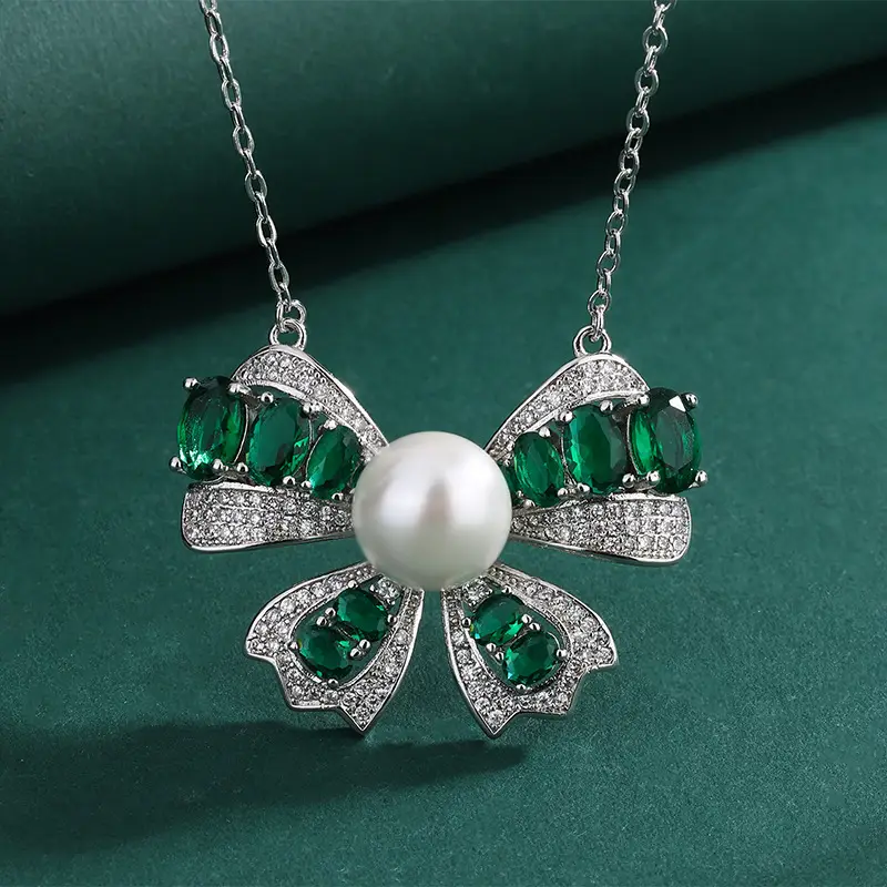 Green Fritillaria Pearl Bow Necklace Set with Ring & Pendant