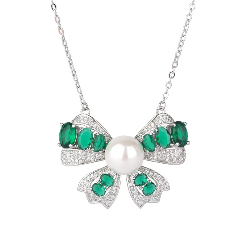Green Fritillaria Pearl Bow Necklace Set with Ring & Pendant - Image 5