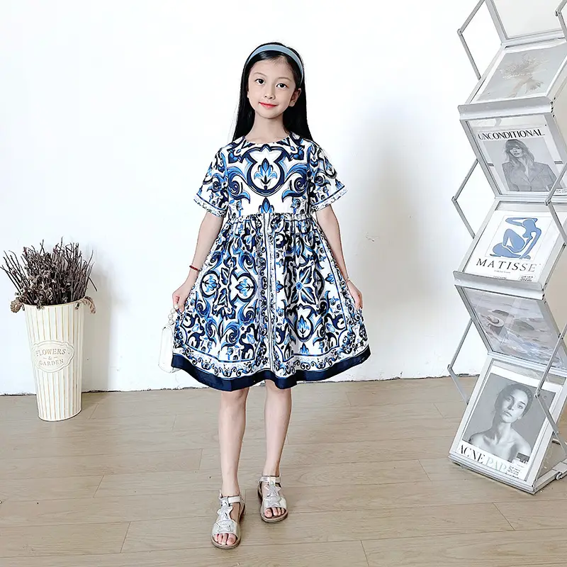 2025 New Kids Blue White Porcelain Skirt Dress Sleeveless