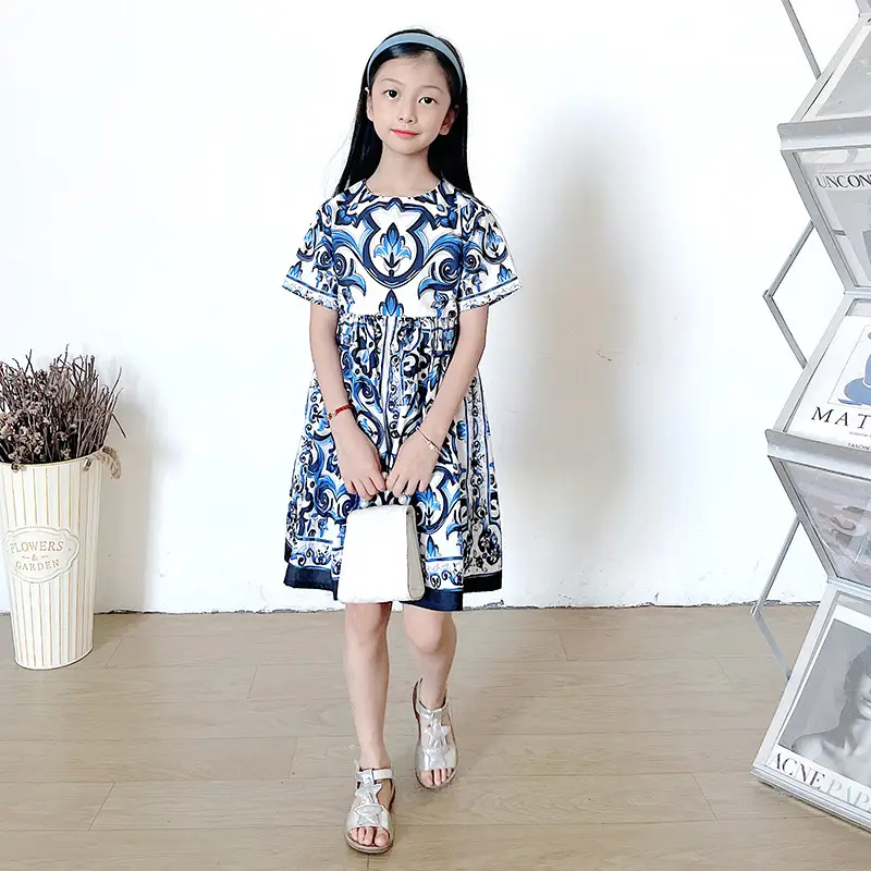 2025 New Kids Blue White Porcelain Skirt Dress Sleeveless