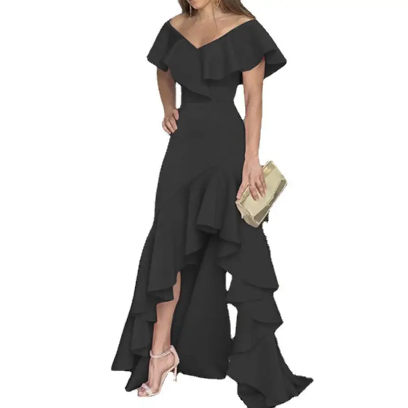 2022 Blue Ruffled V-Neck Dress with Flared Hem - Image 10