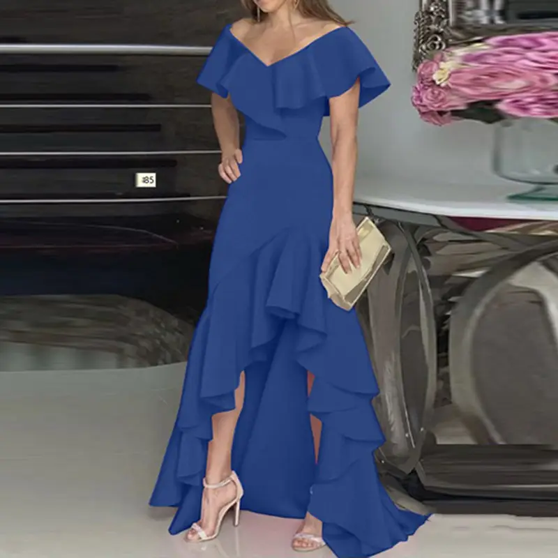 2022 Blue Ruffled V-Neck Dress with Flared Hem - Image 5