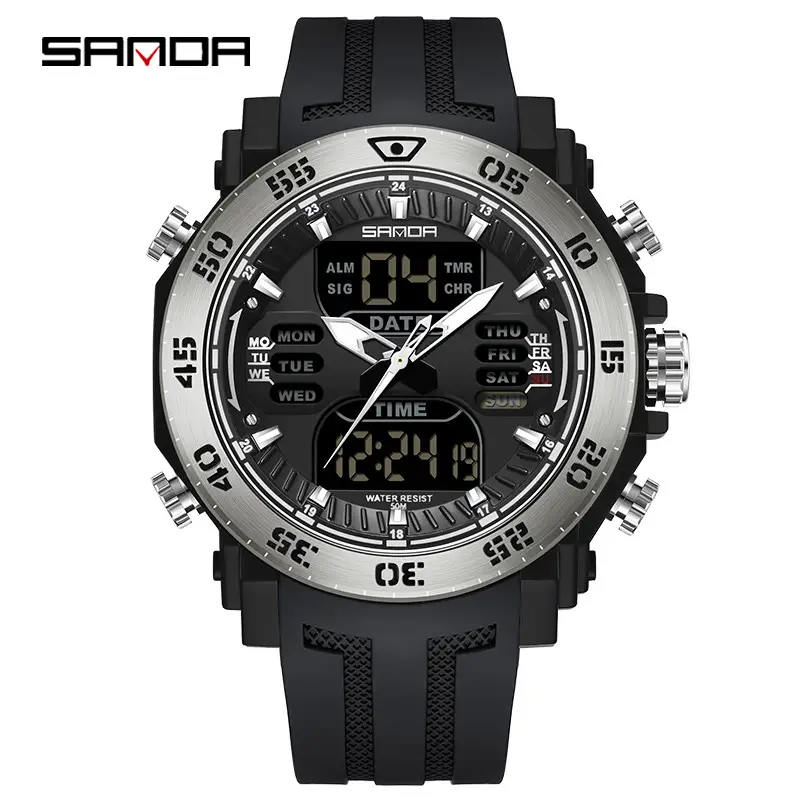 Sanda Male Digital Display Waterproof Watch Black Red - Image 2