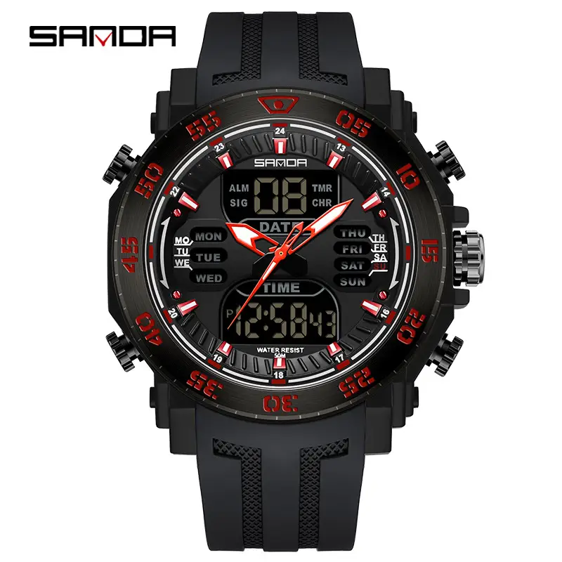 Sanda Male Digital Display Waterproof Watch Black Red - Image 3