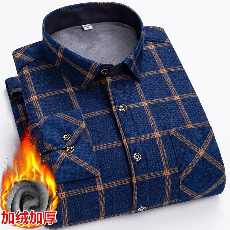 Men's Fleece Plaid Shirt Blue Gray Long Sleeve - Image 3
