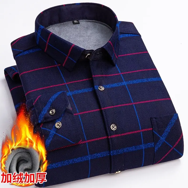 Men's Fleece Plaid Shirt Blue Gray Long Sleeve - Image 2