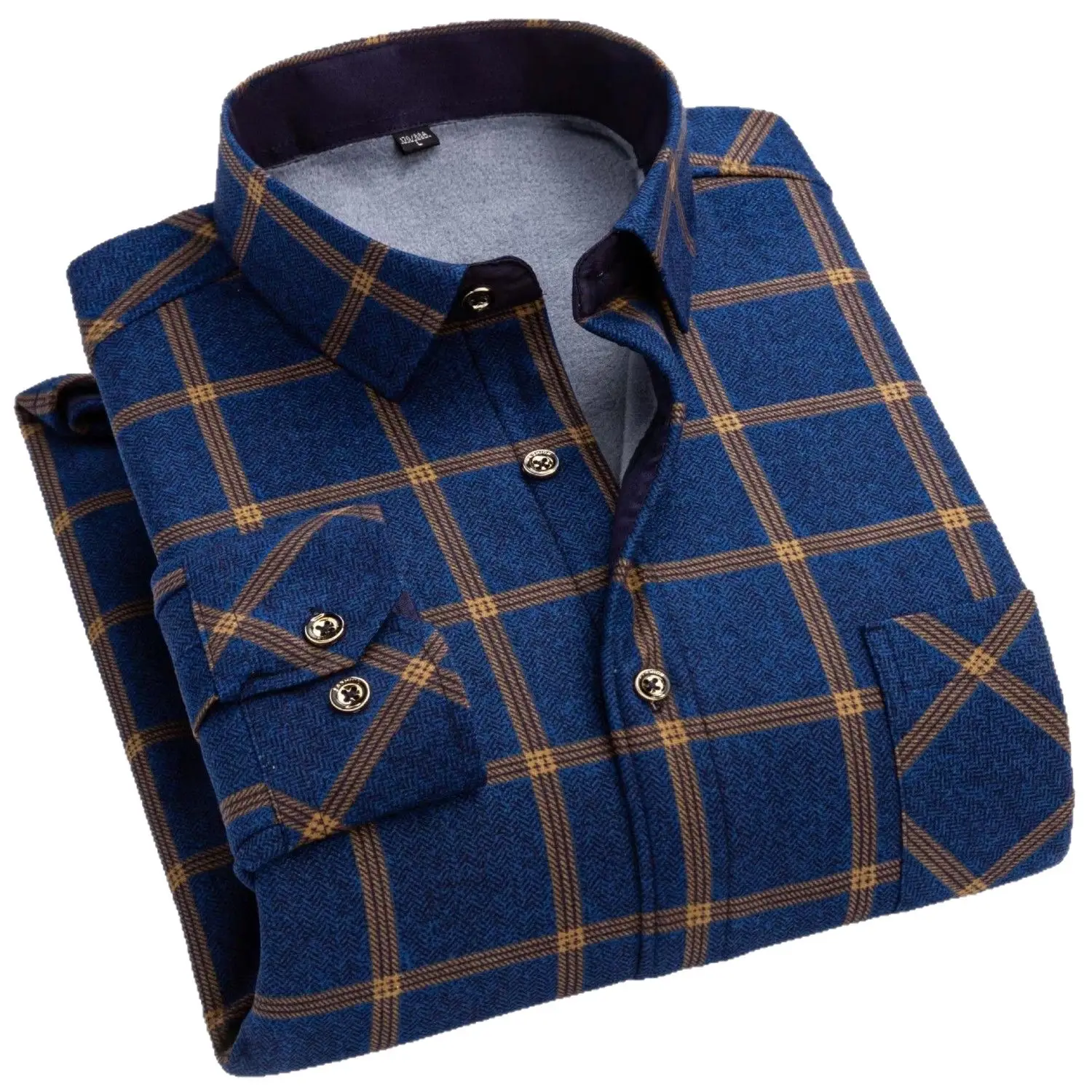 Men's Fleece Plaid Shirt Blue Gray Long Sleeve - Image 16