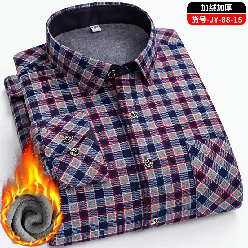 Men's Fleece Plaid Shirt Blue Gray Long Sleeve - Image 11