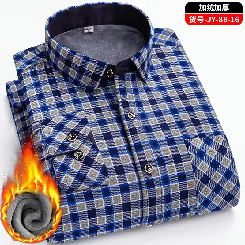 Men's Fleece Plaid Shirt Blue Gray Long Sleeve - Image 12