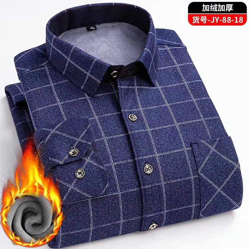 Men's Fleece Plaid Shirt Blue Gray Long Sleeve - Image 13