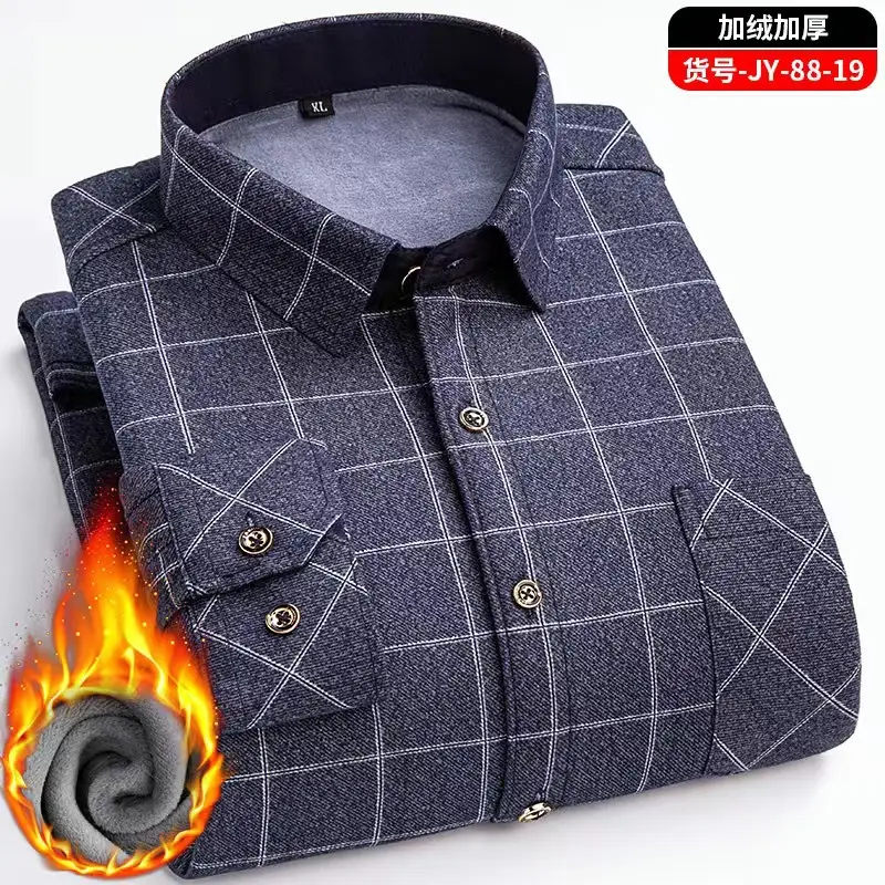 Men's Fleece Plaid Shirt Blue Gray Long Sleeve - Image 14