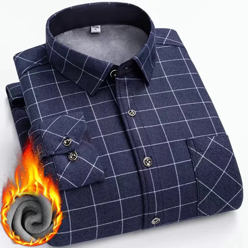 Men's Fleece Plaid Shirt Blue Gray Long Sleeve - Image 4