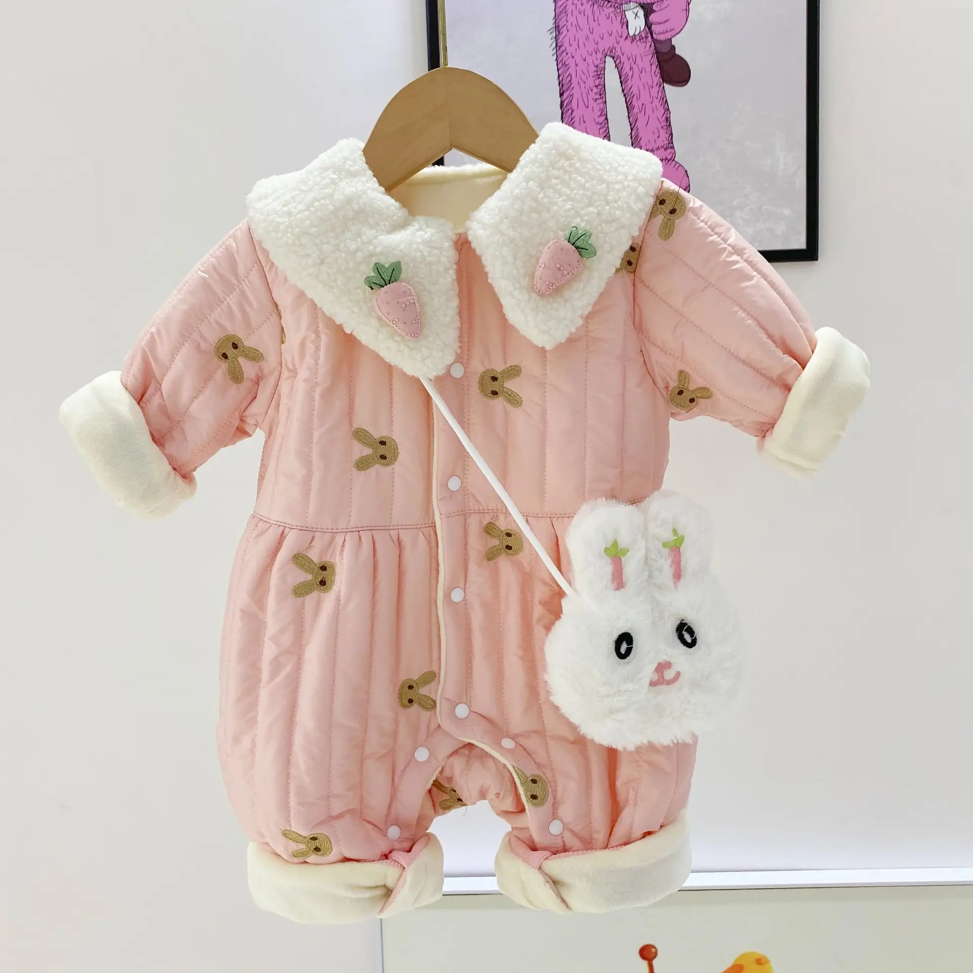 Baby Quilted Long-Sleeve Jumpsuit Cream Cartoon Design - Image 4