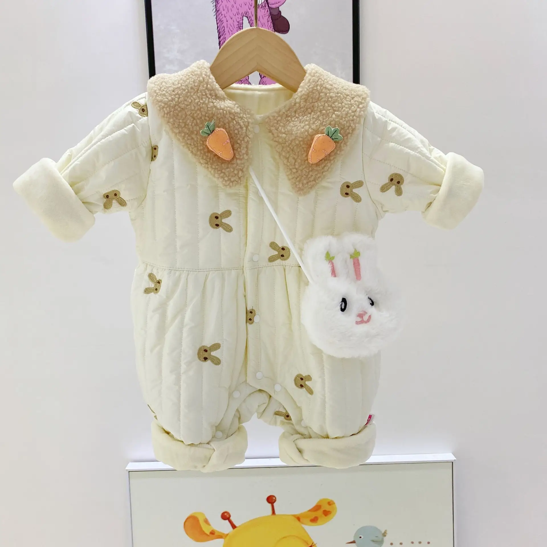 Baby Quilted Long-Sleeve Jumpsuit Cream Cartoon Design - Image 5