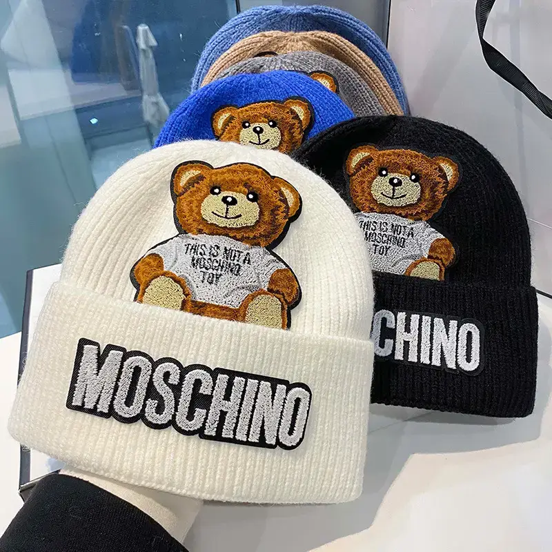 Women's Winter Woolen Bear Hat with "Moschino" Print