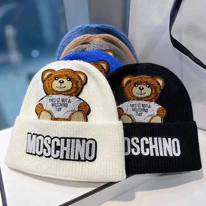 Women's Winter Woolen Bear Hat with "Moschino" Print