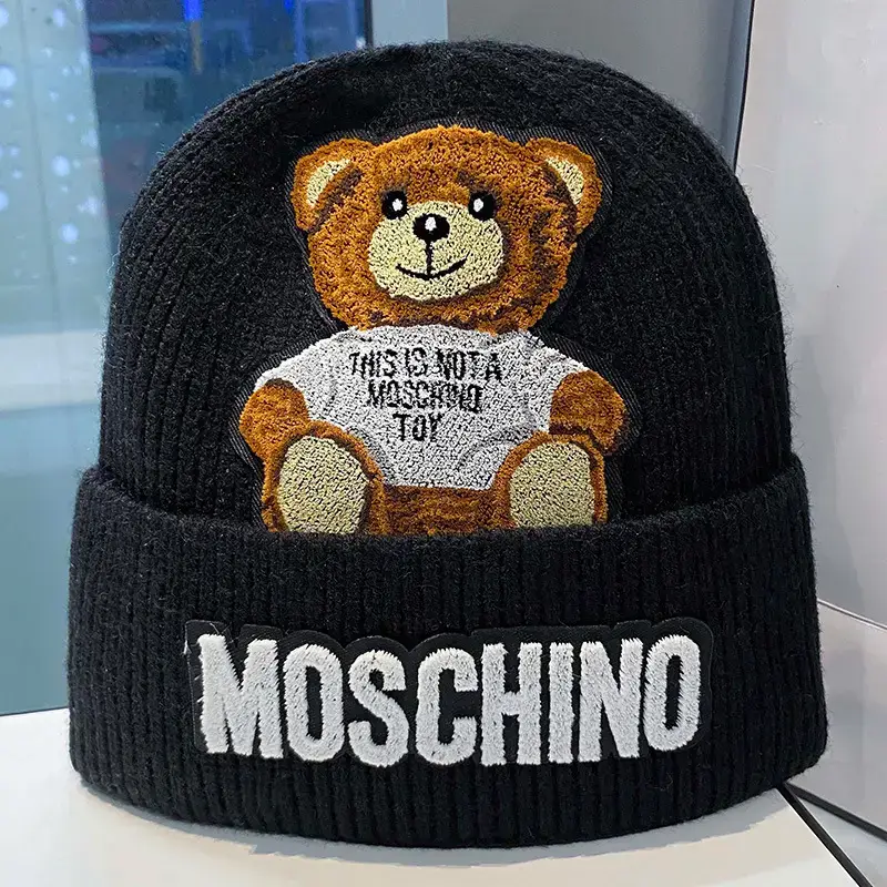 Women's Winter Woolen Bear Hat with "Moschino" Print