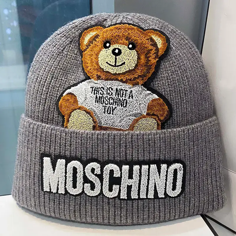 Women's Winter Woolen Bear Hat with "Moschino" Print