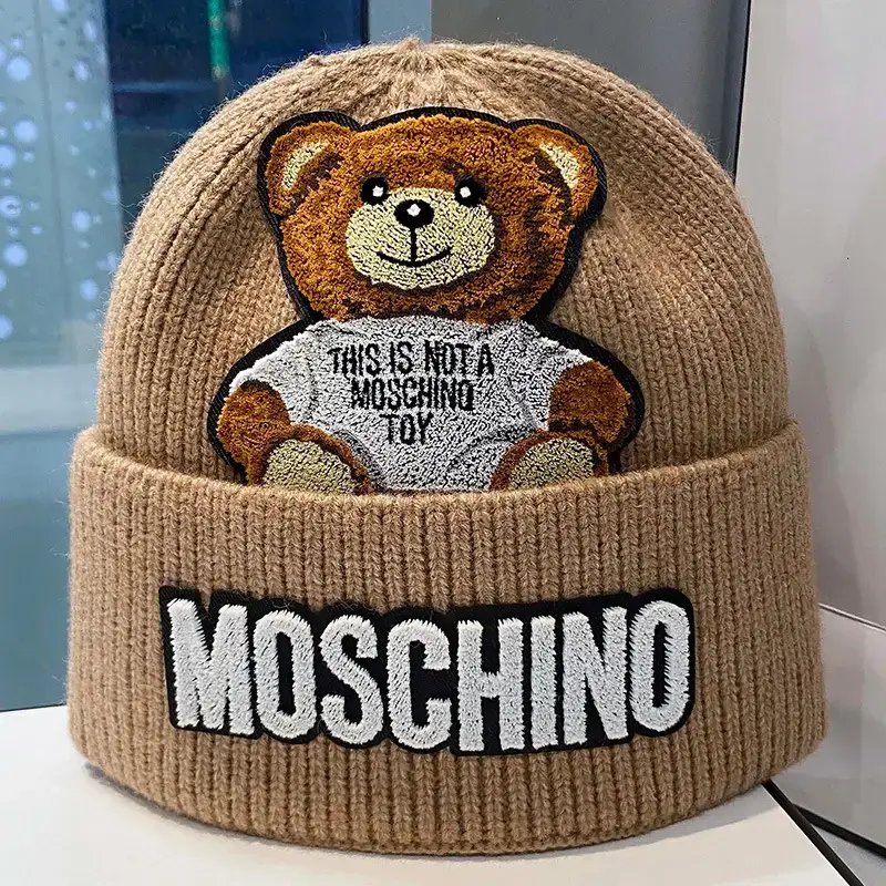 Women's Winter Woolen Bear Hat with "Moschino" Print