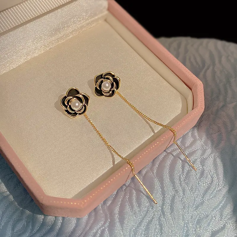 Black Camellia Pearl Tassel Earrings 2022 New Fashion - Image 3