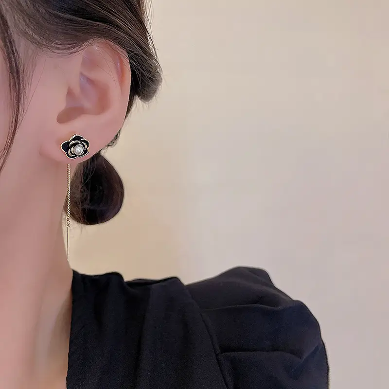 Black Camellia Pearl Tassel Earrings 2022 New Fashion - Image 4