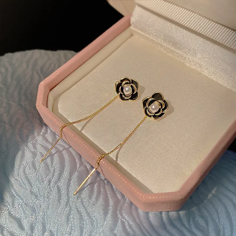 Black Camellia Pearl Tassel Earrings 2022 New Fashion - Image 5