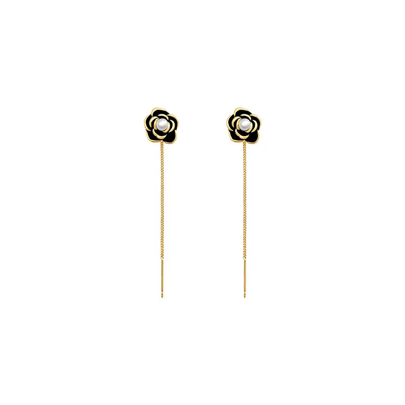 Black Camellia Pearl Tassel Earrings 2022 New Fashion - Image 6