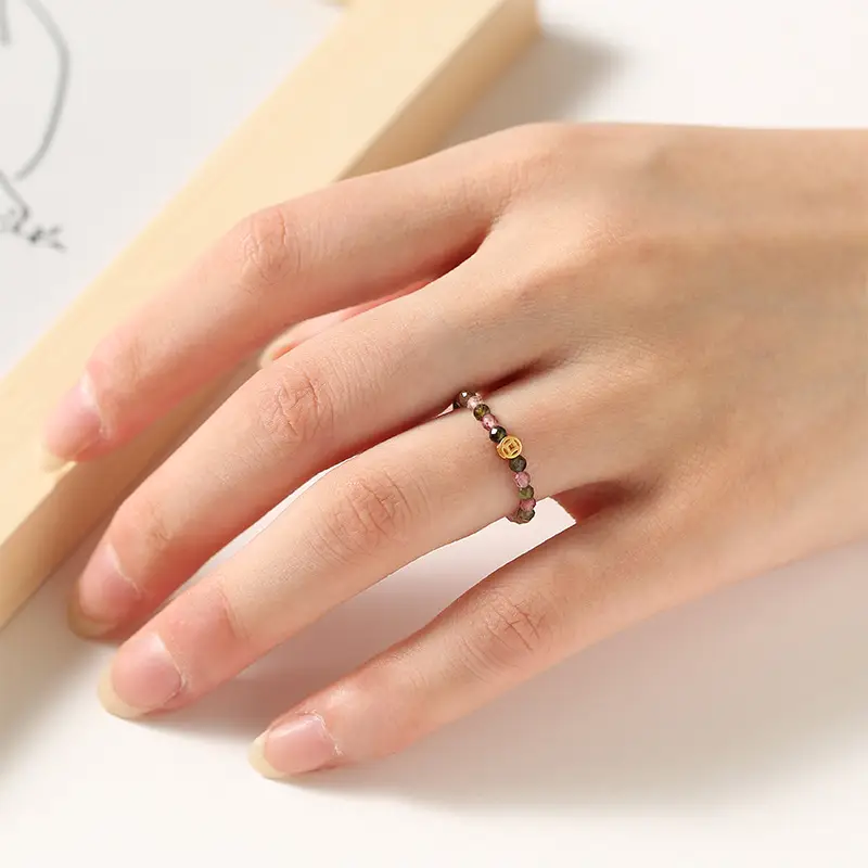 2mm Mini S925 Silver Natural Rainbow Tourmaline Ring Pearl Crystal Texture Blessing Good Luck - Image 2