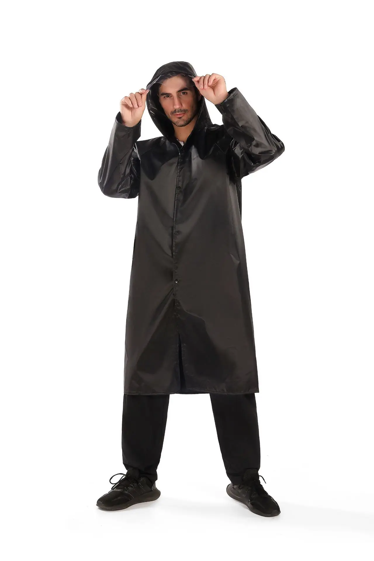 Black Double-Decker Men Women Raincoat Long Hooded - Image 3