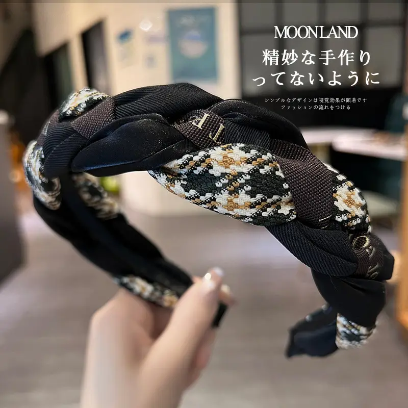 Retro French Academy Plaid Twist Hairband Green Beige