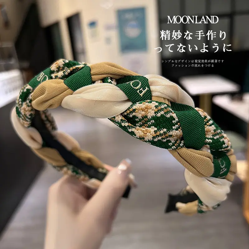 Retro French Academy Plaid Twist Hairband Green Beige