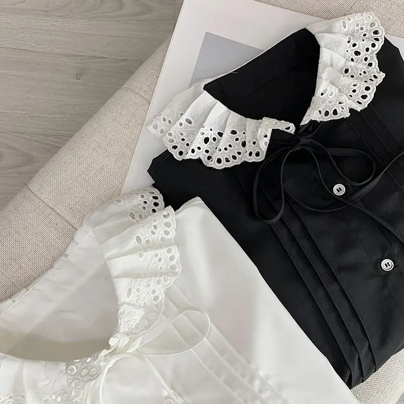 Black Lace Collar Long Sleeve Shirt with White Embroidered Details - Image 4