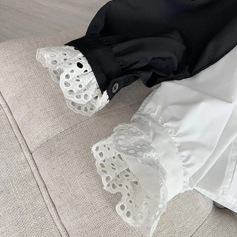 Black Lace Collar Long Sleeve Shirt with White Embroidered Details - Image 6
