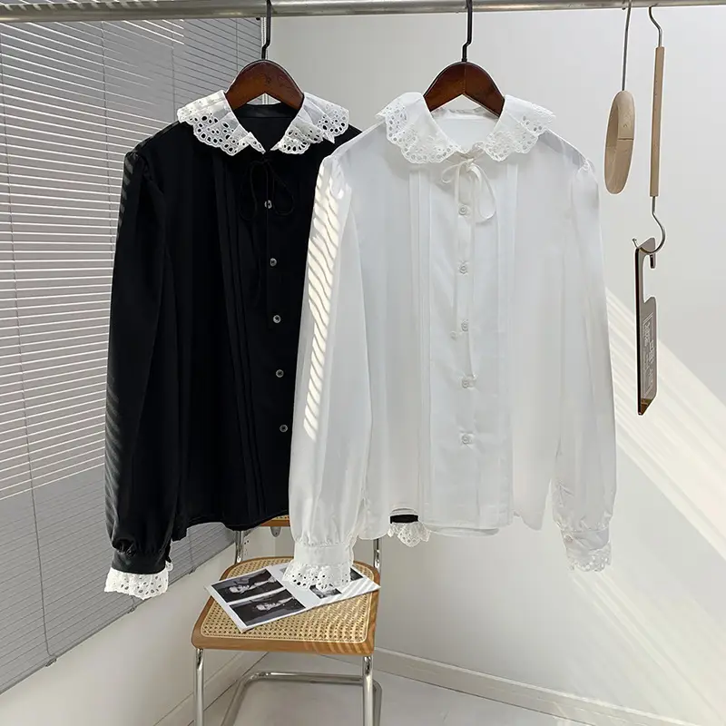 Black Lace Collar Long Sleeve Shirt with White Embroidered Details - Image 7