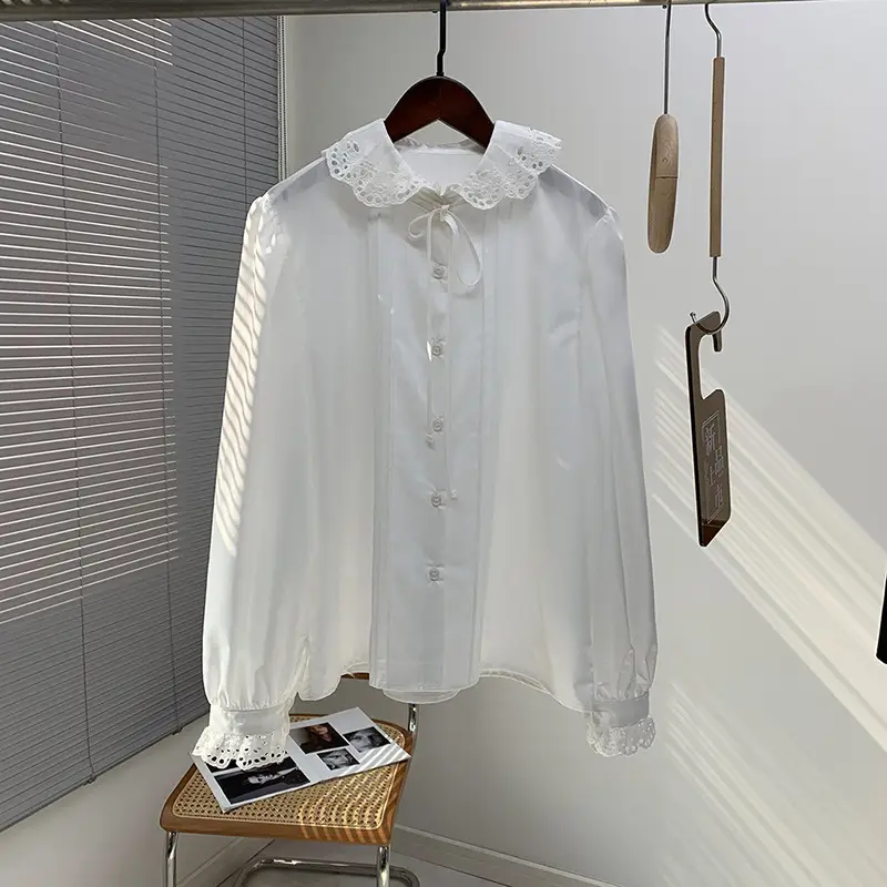 Black Lace Collar Long Sleeve Shirt with White Embroidered Details - Image 2