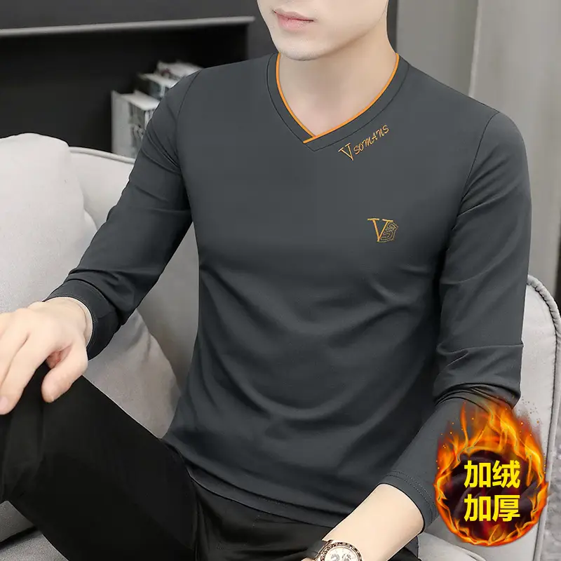 Men V-Neck Fox Velvet Long Sleeve T-Shirt Black