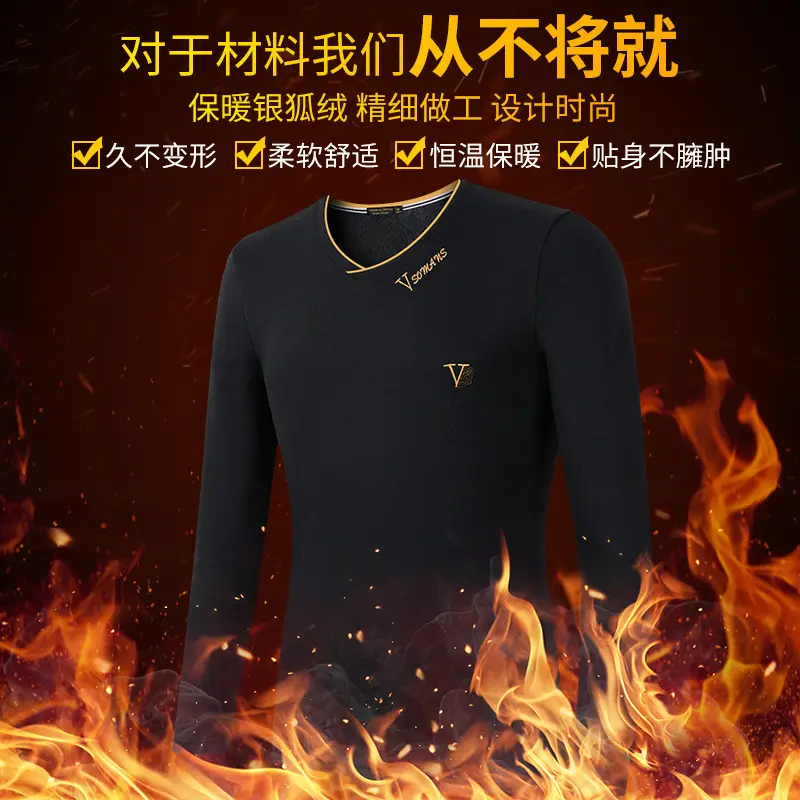 Men V-Neck Fox Velvet Long Sleeve T-Shirt Black