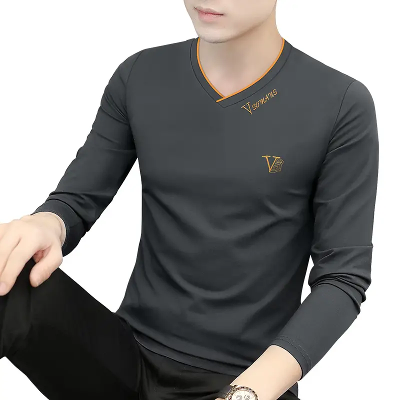 Men V-Neck Fox Velvet Long Sleeve T-Shirt Black