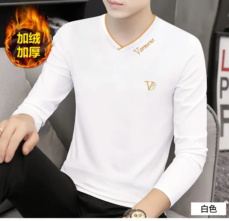 Men V-Neck Fox Velvet Long Sleeve T-Shirt Black — feature 12