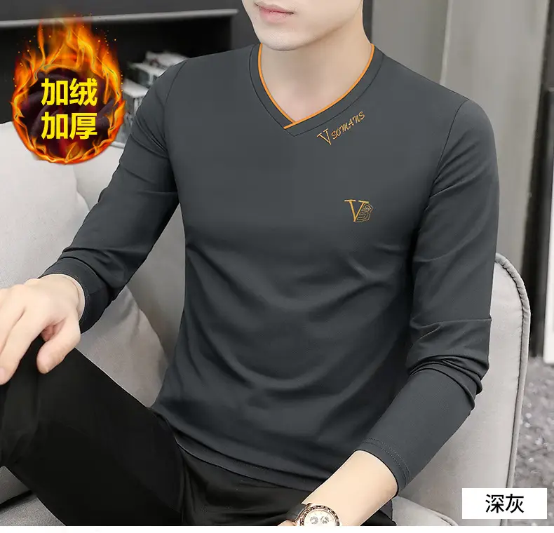 Men V-Neck Fox Velvet Long Sleeve T-Shirt Black — feature 13