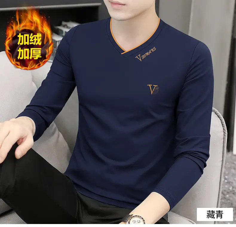 Men V-Neck Fox Velvet Long Sleeve T-Shirt Black — feature 14