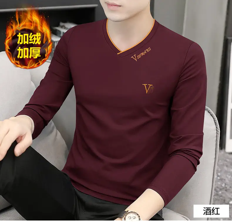 Men V-Neck Fox Velvet Long Sleeve T-Shirt Black — feature 15