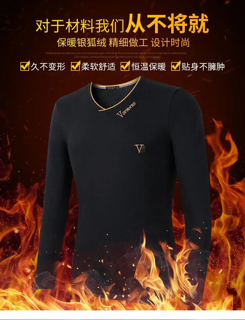 Men V-Neck Fox Velvet Long Sleeve T-Shirt Black — feature 3