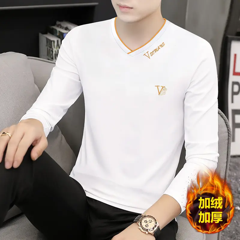 Men V-Neck Fox Velvet Long Sleeve T-Shirt Black