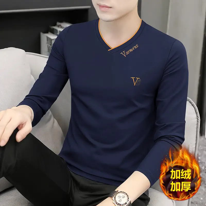 Men V-Neck Fox Velvet Long Sleeve T-Shirt Black