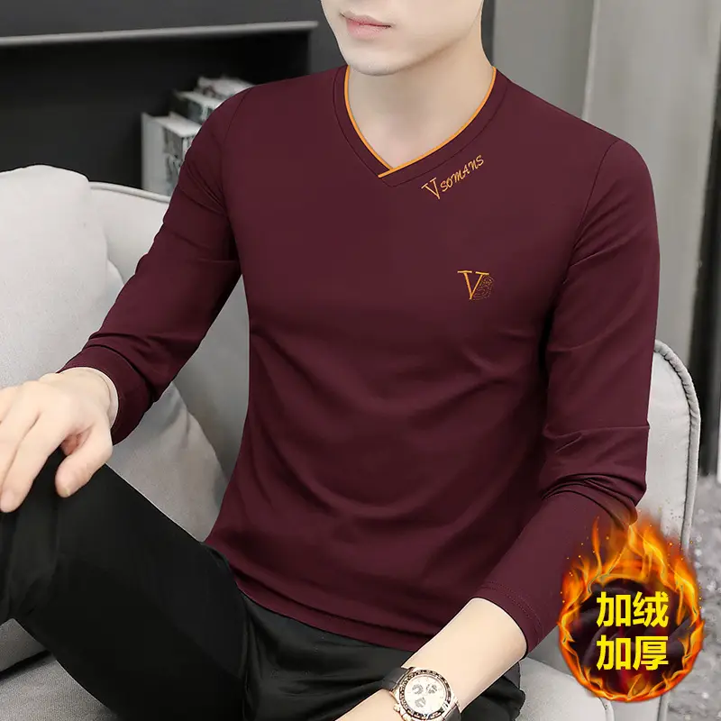 Men V-Neck Fox Velvet Long Sleeve T-Shirt Black