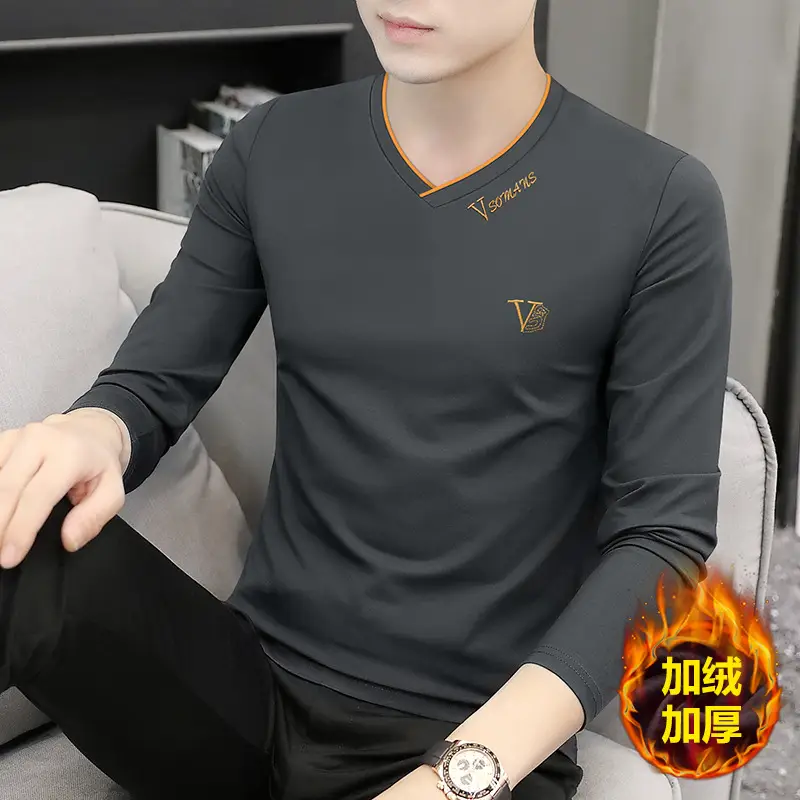 Men V-Neck Fox Velvet Long Sleeve T-Shirt Black