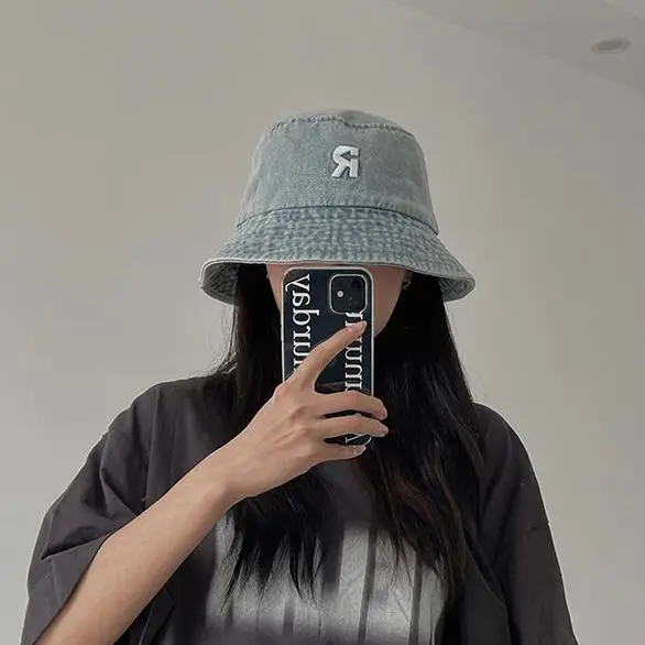Women's New Alphabet Denim Fisherman Hat Sunshade Show Face Small - Image 4