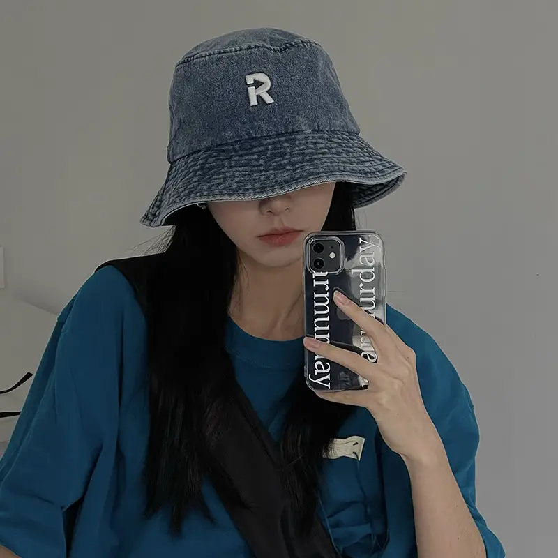 Women's New Alphabet Denim Fisherman Hat Sunshade Show Face Small - Image 5